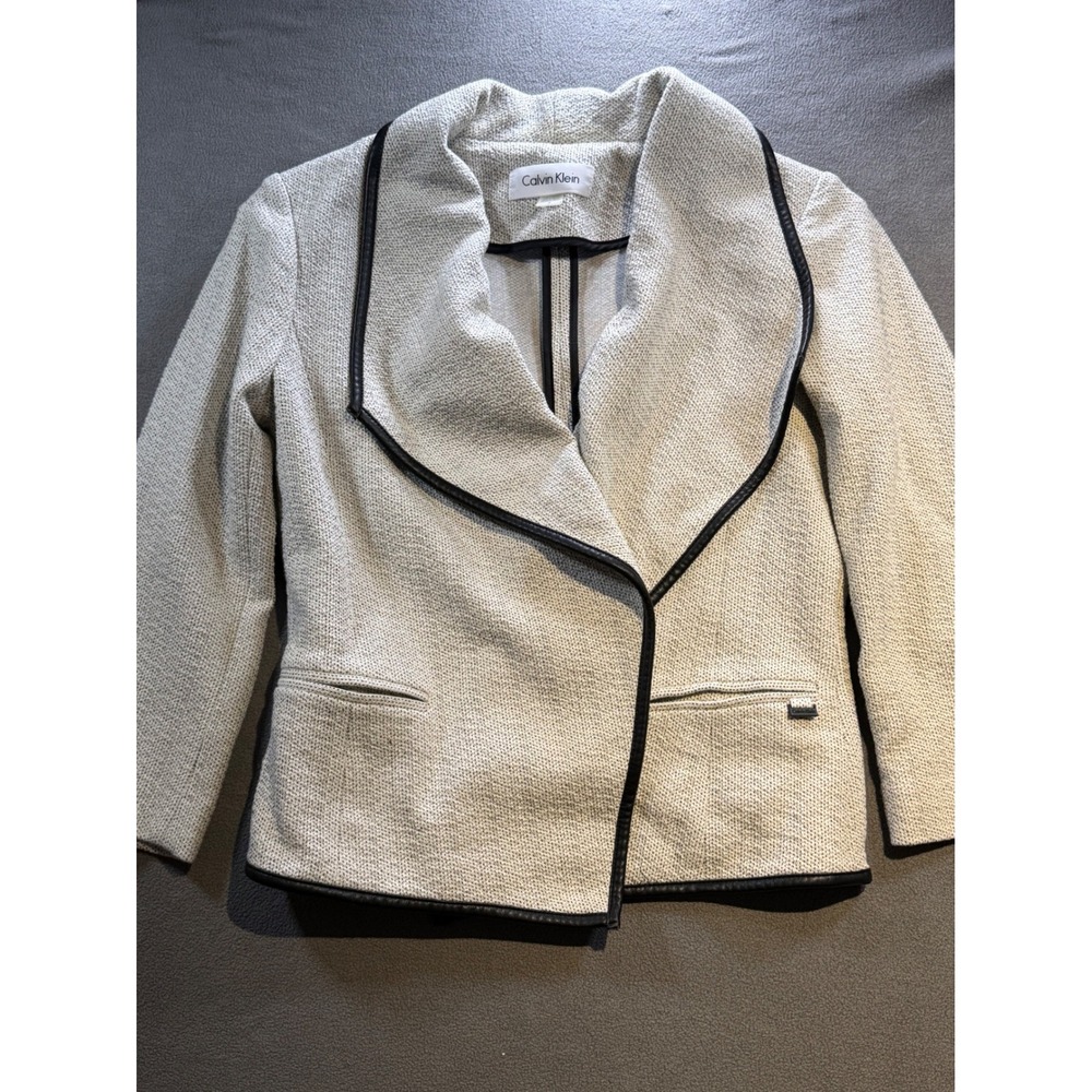 Calvin Klein Womens Grey Textured Knit Blazer Faux Leather Trim Size 2